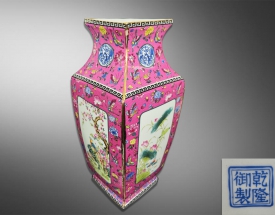 粉彩描金四開光花鳥方