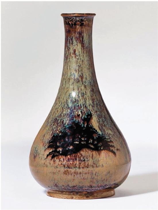 南宋 吉州窯玳瑁釉剪紙貼雙鳳紋長頸瓶 高21cm