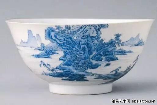 雍正 瓷胎畫琺瑯藍料山水碗